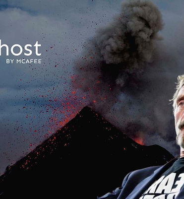 John McAfee GHOST Coin 2027 — ghost by McAfee logo above an erupting volcano