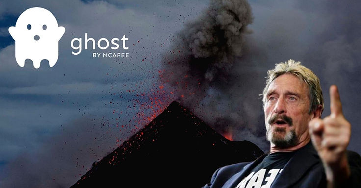 John McAfee GHOST Coin 2027 — ghost by McAfee logo above an erupting volcano