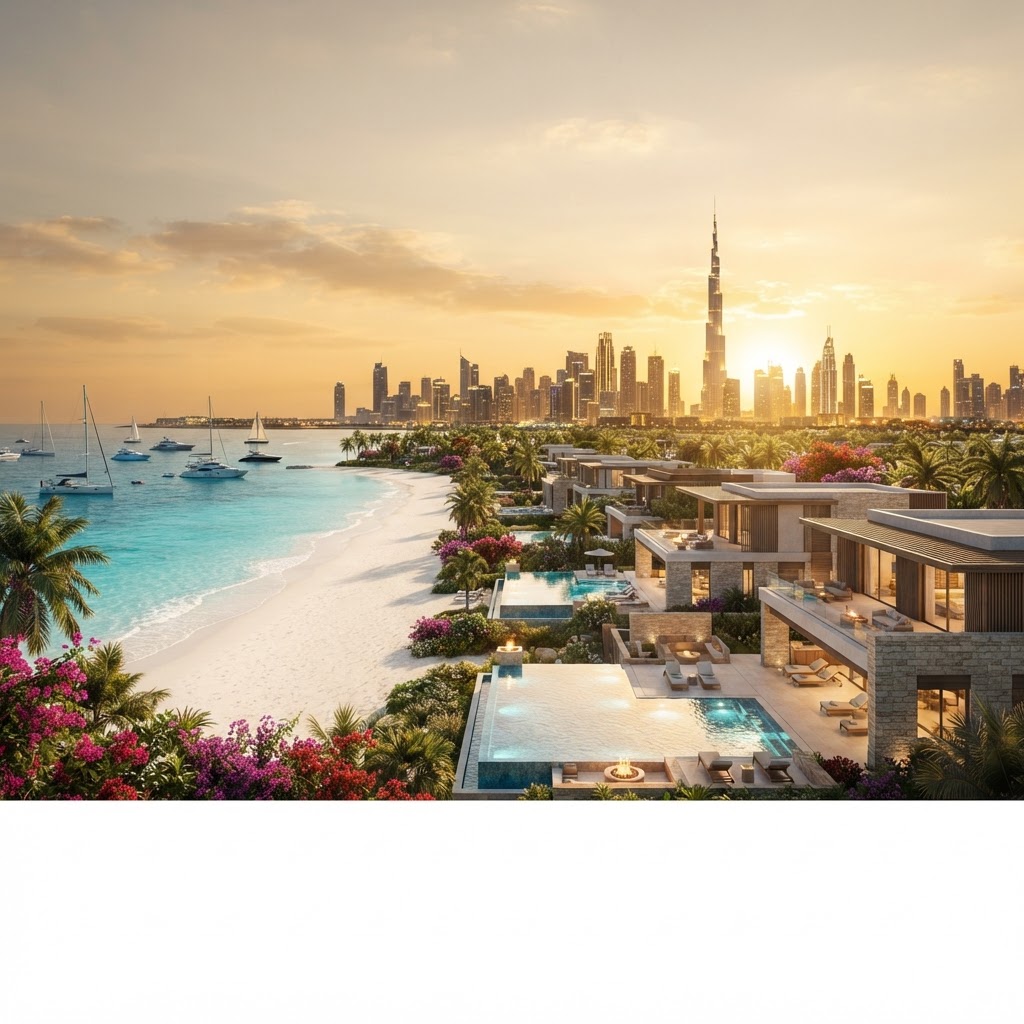 Turquoise Caribbean coastline blending into the Dubai skyline at golden hour with luxury beachfront properties