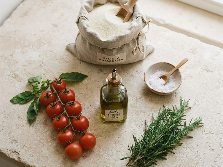 Ingredienti mediterranei: olio extravergine, farina, sale, rosmarino e pomodorini