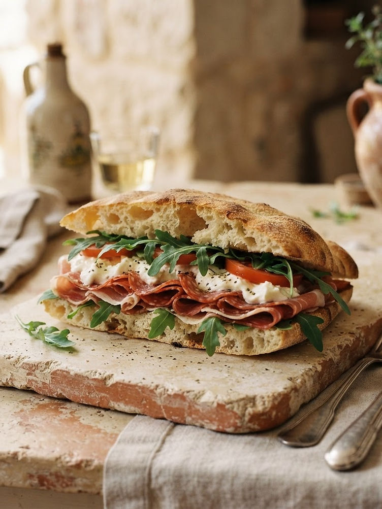 Puccia pugliese artigianale farcita, su superficie in pietra con luce mediterranea