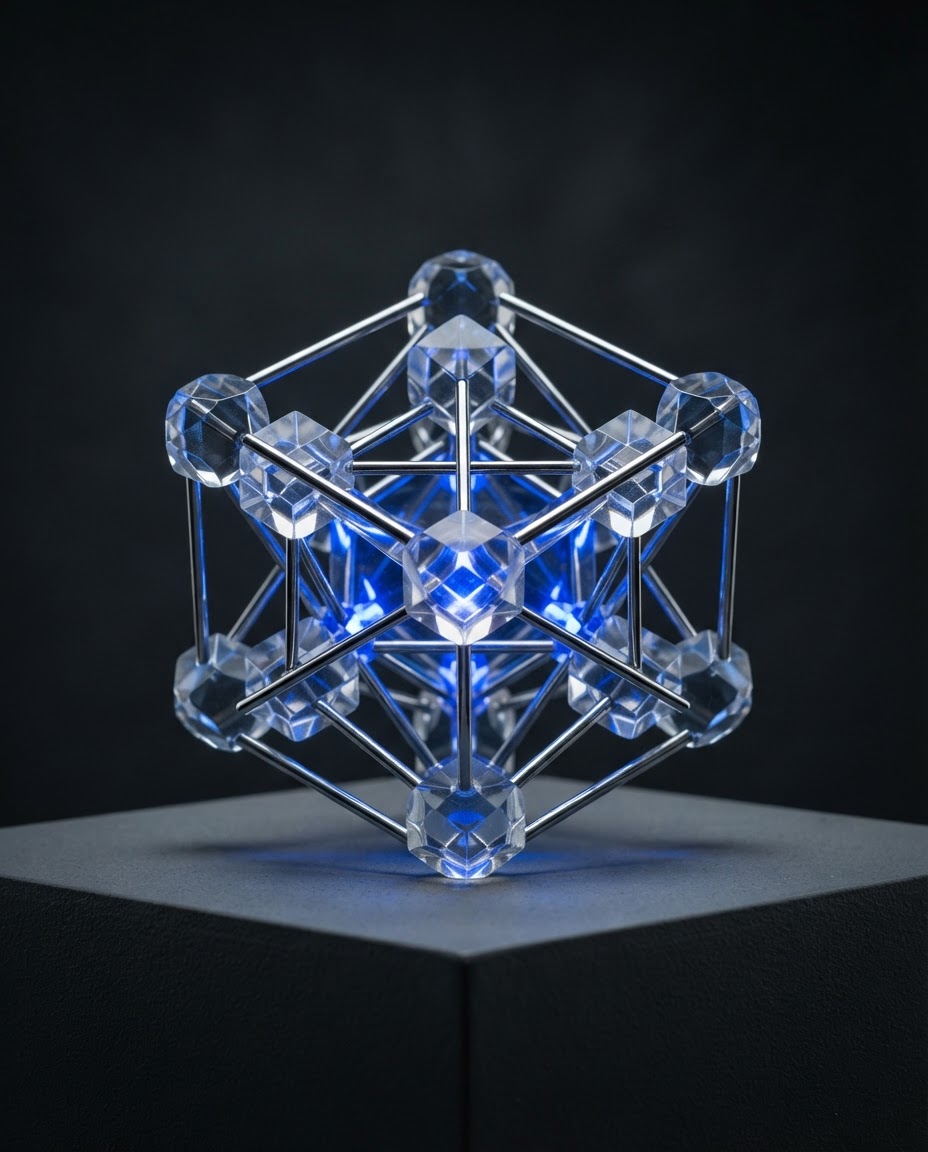 A glass node sculpture refracting cobalt light in a dark studio
