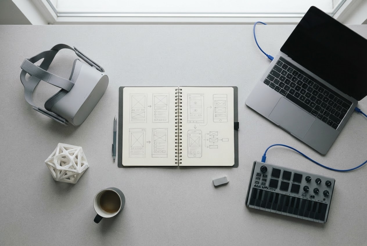 A studio desk with a notebook, laptop, VR headset and midi controller