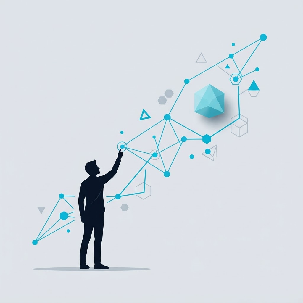 An illustration of a person reaching toward a pathway of connected nodes