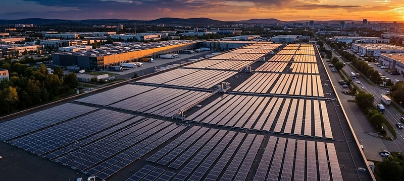 Commercial rooftop solar array under a blue sky