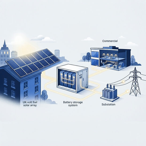 A conceptual graphic showing how solar energy is captured in batteries during the day and discharged during evening peaks.