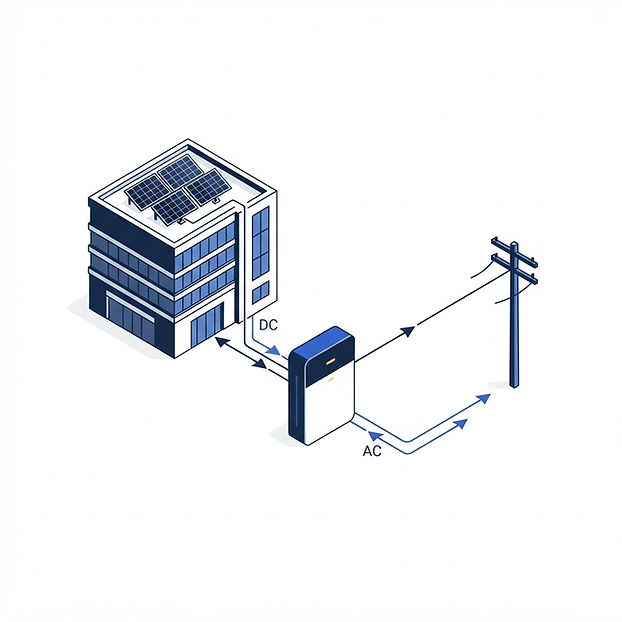 Conceptual diagram showing energy flow between solar generation, battery storage, and grid interaction.
