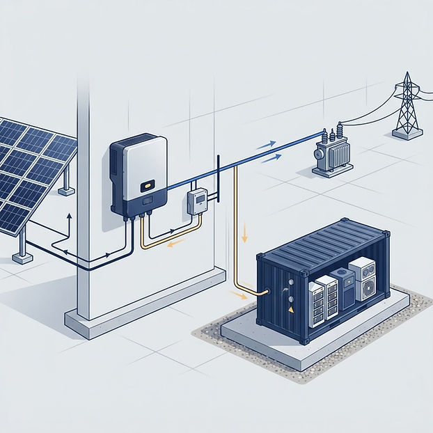 Conceptual diagram showing solar power flowing into a building, with excess being captured by a battery instead of being restricted by a grid gate.