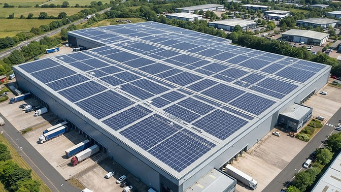 Aerial view of a large-scale commercial solar PV installation on an industrial warehouse roof.