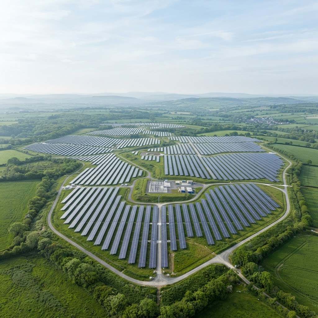 Solar farm under a blue sky