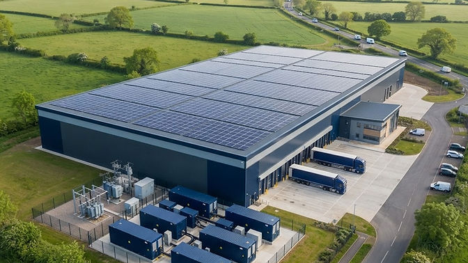 Aerial view of a UK commercial facility featuring rooftop solar panels and ground-mounted energy storage units.