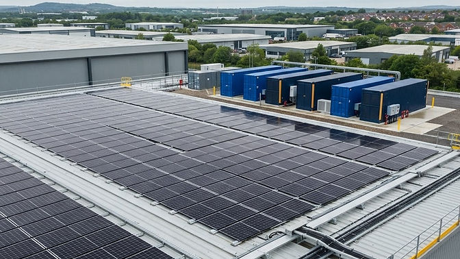 A modern UK commercial facility featuring a combined solar and battery storage system on the roof.