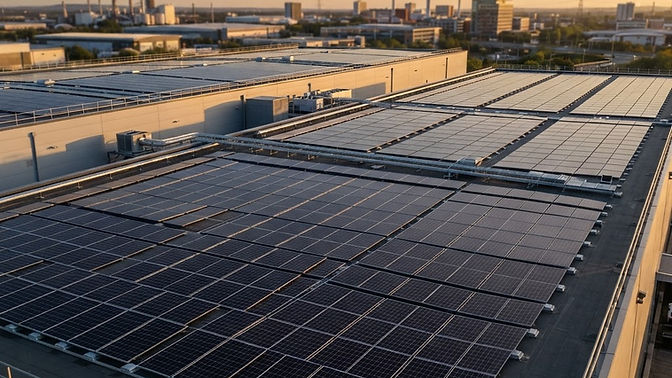 Commercial solar PV array on a large industrial warehouse roof.