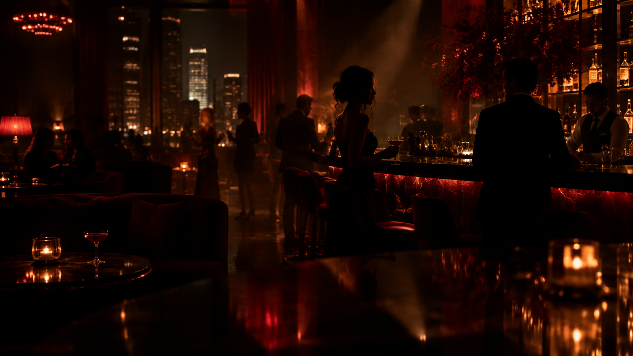 Big Vee lounge at night, warm burgundy lighting