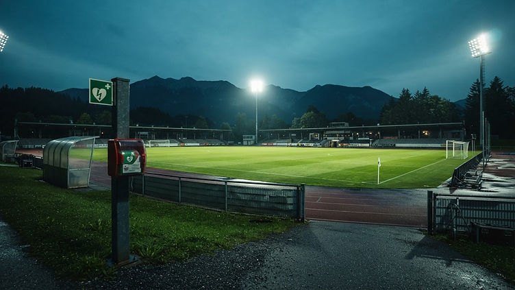 Fußballplatz in Kärnten bei Flutlicht mit Defibrillator