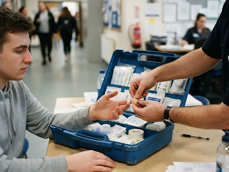 Geöffneter Erste-Hilfe-Koffer im Einsatz am Arbeitsplatz