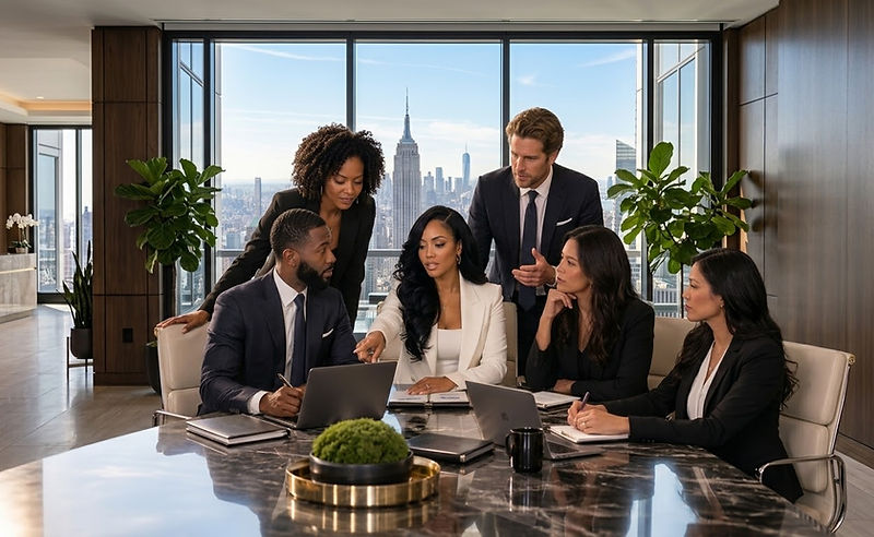 Business professionals gathered around a marble conference table in a sunlit high-rise boardroom overlooking Manhattan