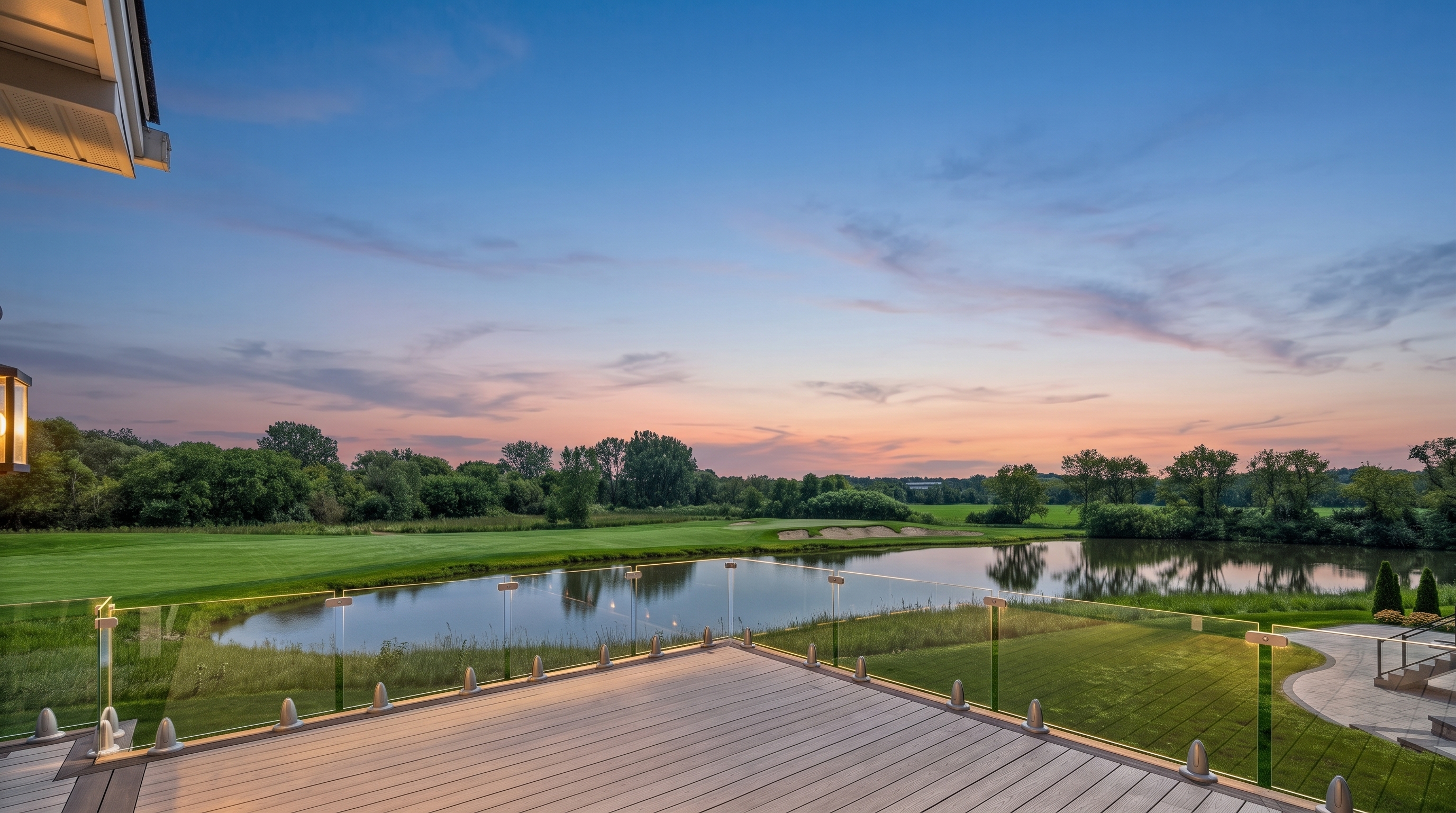 The rear deck at 3527 S Riding Ridge at dusk, overlooking the pond and the 7th hole