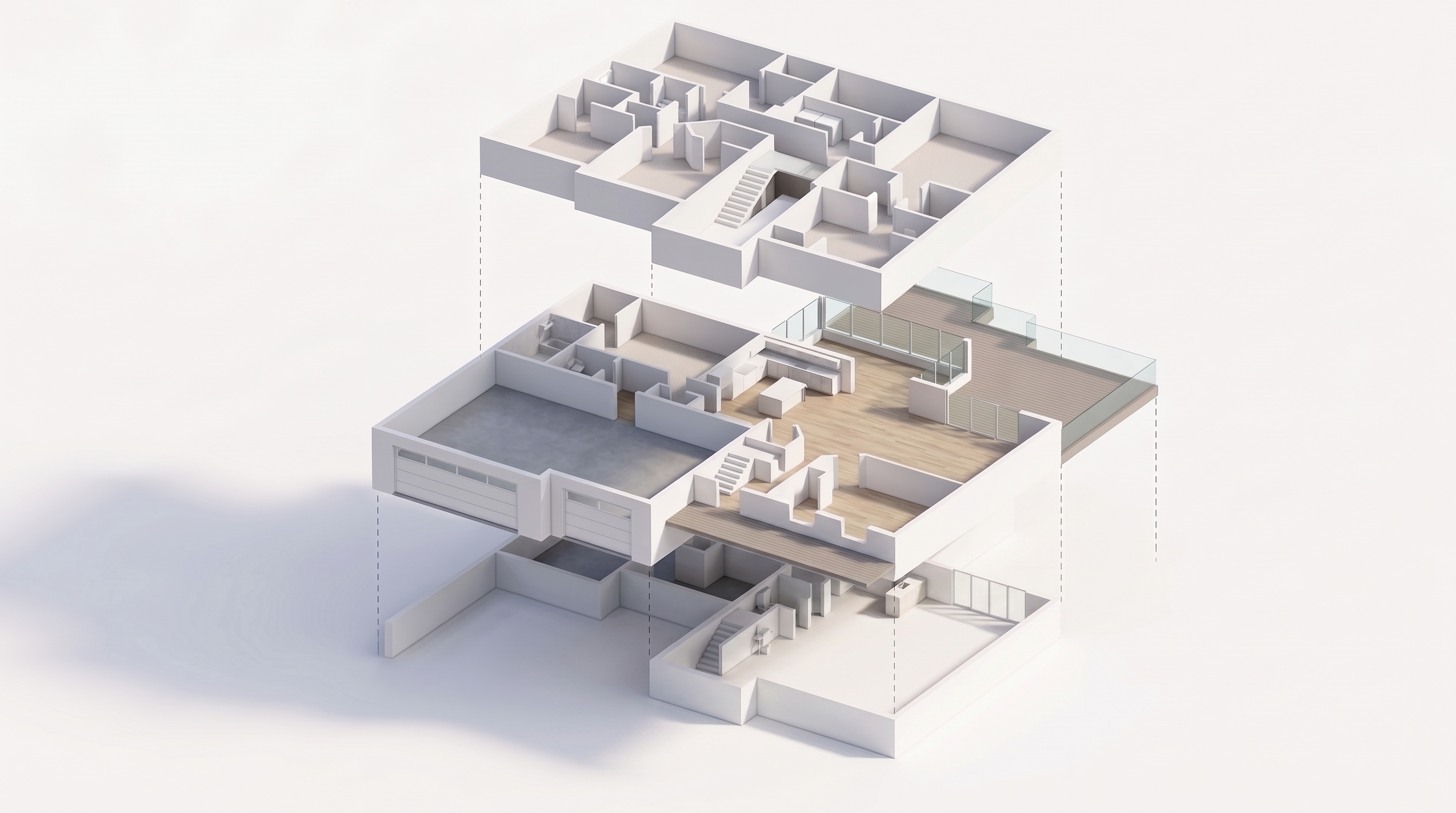 Exploded view of the home's three levels