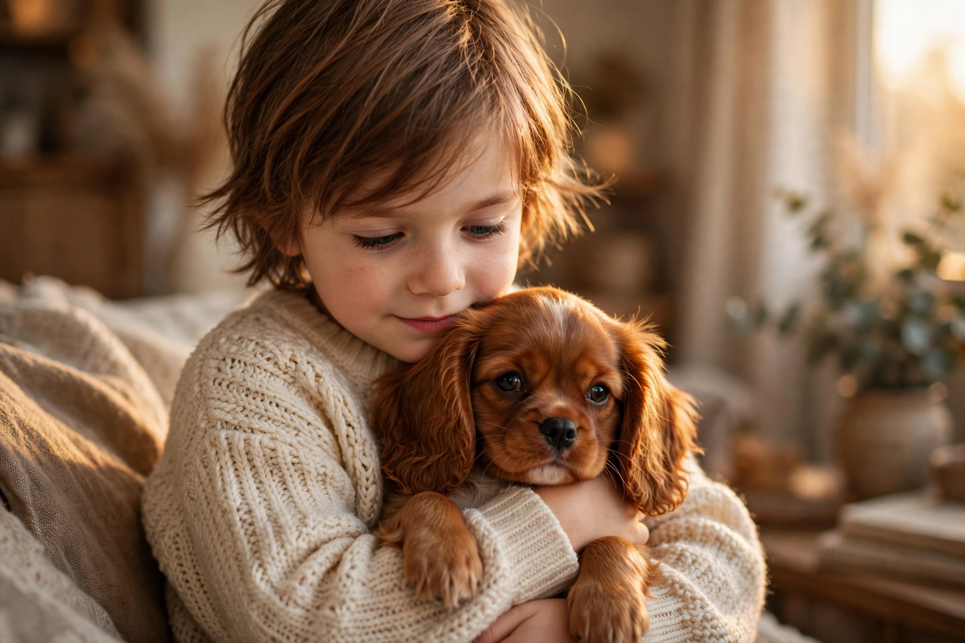 A child holding a ruby Cavalier puppy