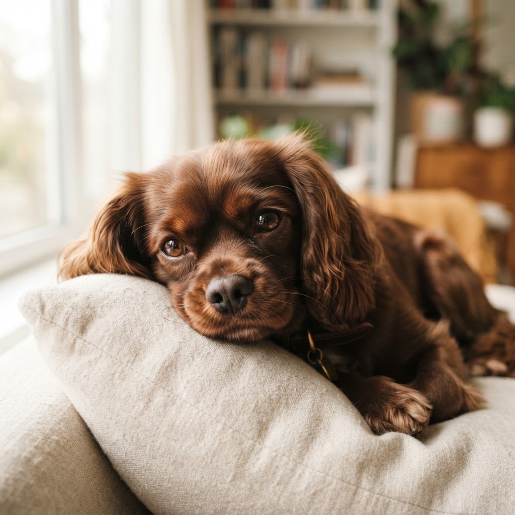 Godiva, a Chocolate Cavalier King Charles Spaniel