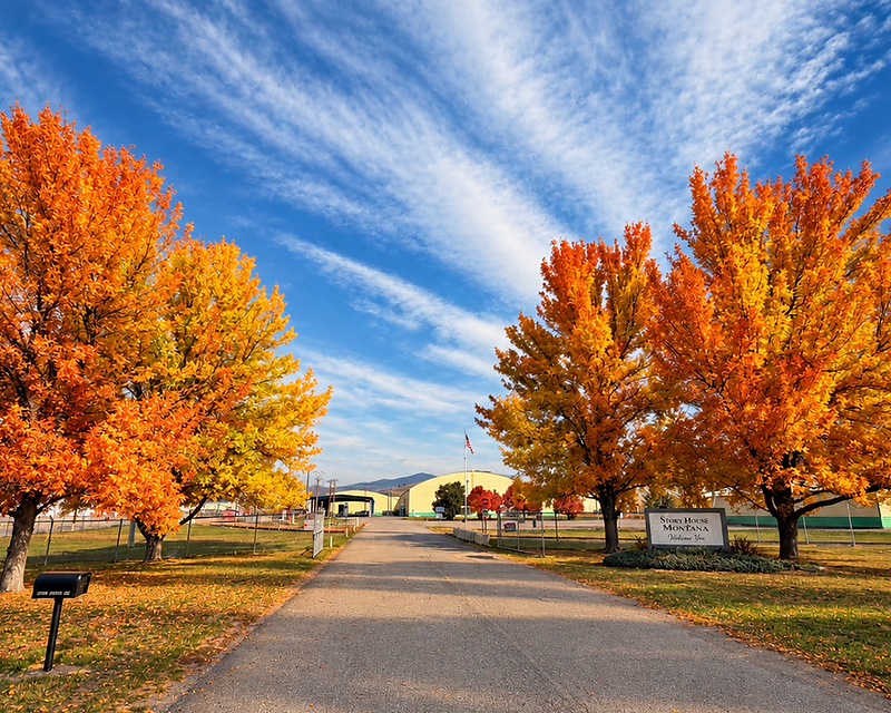 The entrance to Story House Montana in autumn