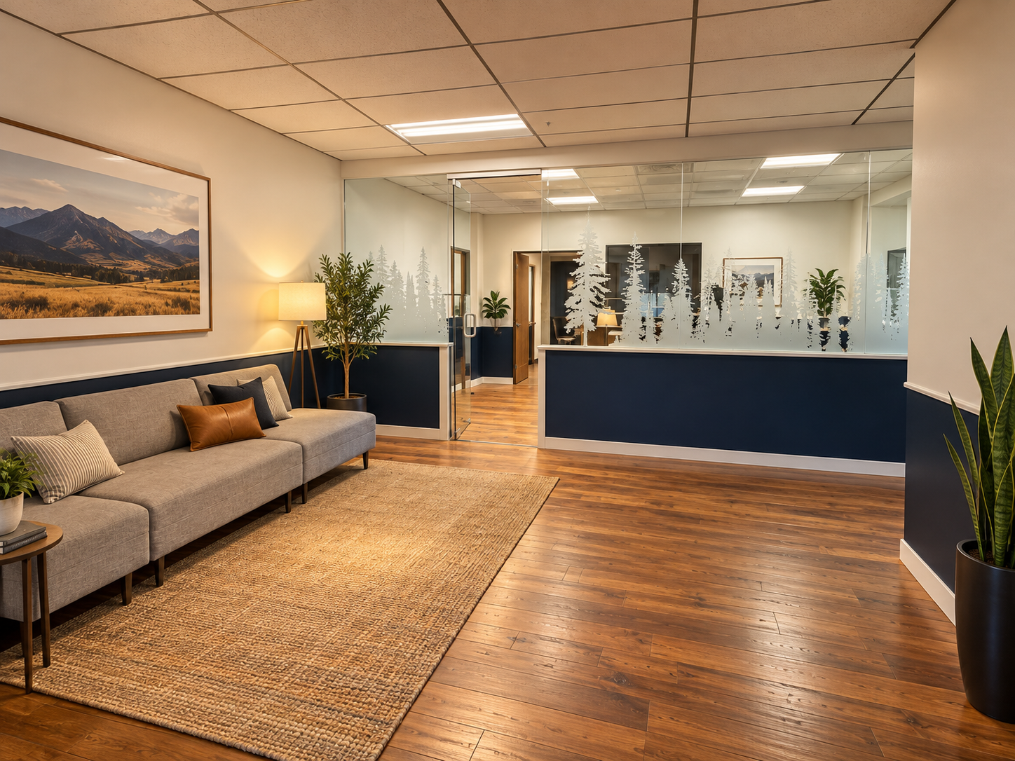 Modern production office reception with frosted forest glass partitions