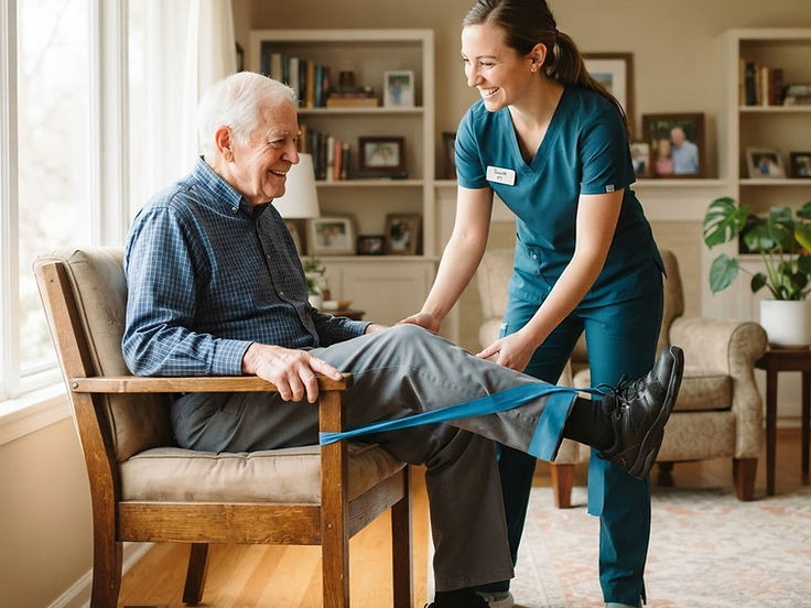 A therapist helping a senior with rehabilitation at home