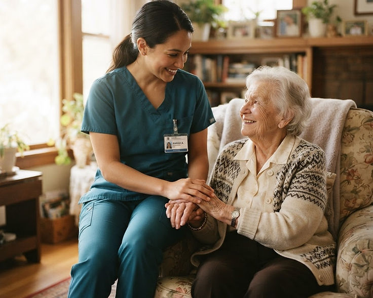 A caregiver comforting a senior at home