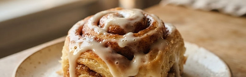 A gourmet cinnamon roll with glossy cream cheese icing
