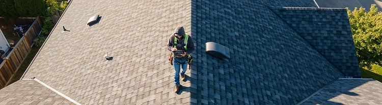 Aerial view of a roofing inspector examining a residential shingle roof