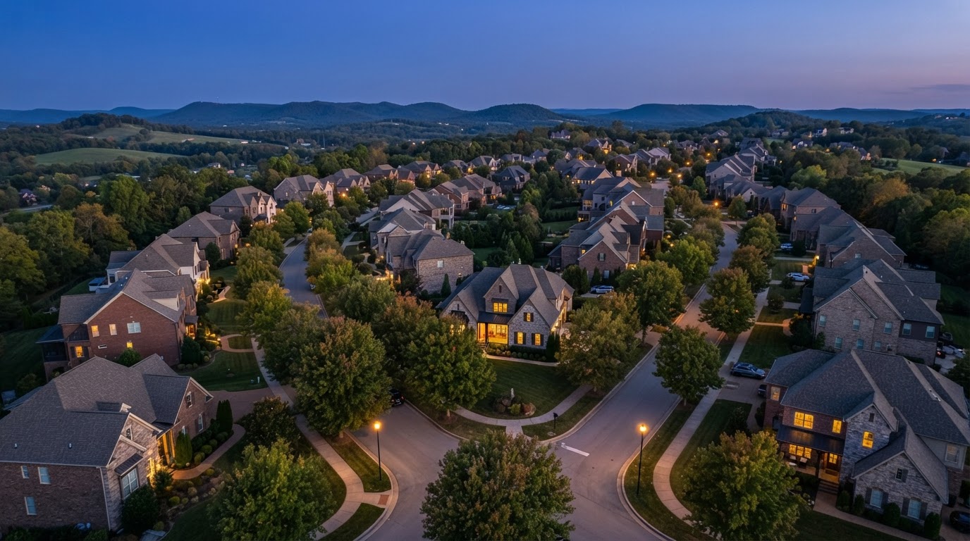 Aerial view of a Tennessee neighborhood with new roofs