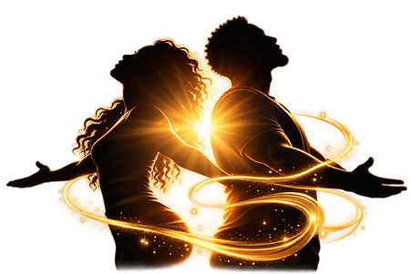 Two figures back-to-back silhouetted against a warm golden glow — a vision of hope and survival.