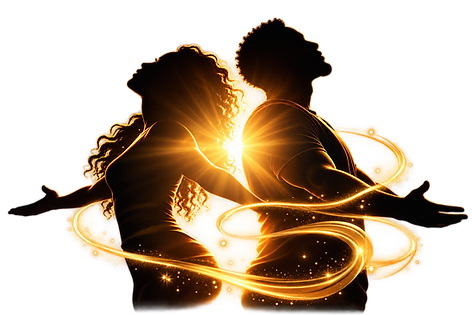 Two figures back-to-back silhouetted against a warm golden glow — a vision of hope and survival.