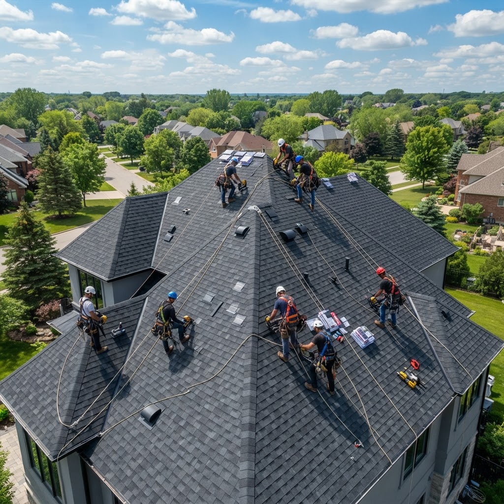 Roofing crew installing charcoal shingles on a residential roof