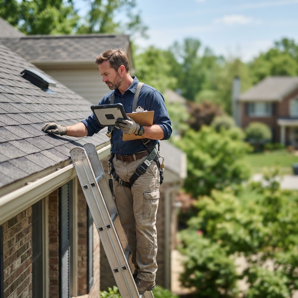 Roofing estimator reviewing a roof with a tablet