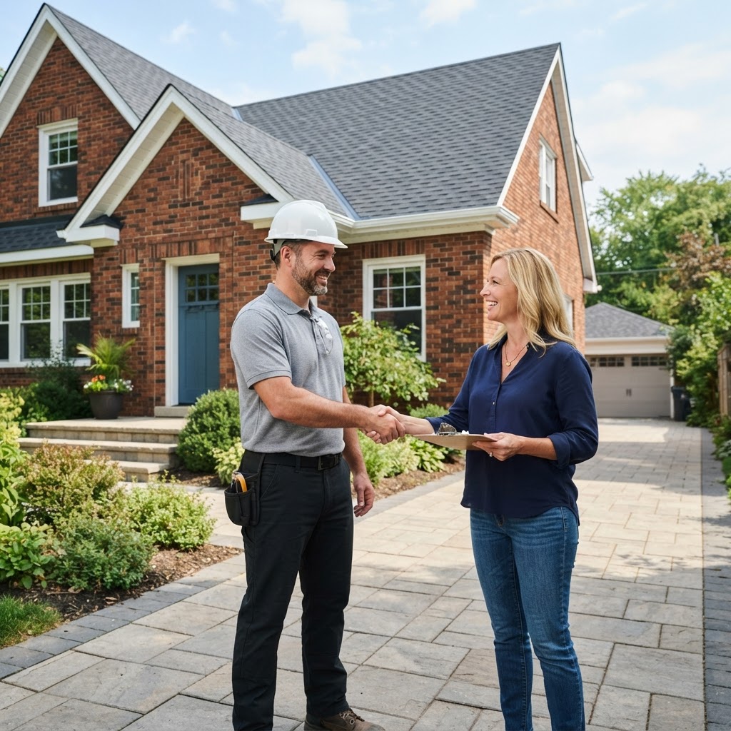 Roofing contractor shaking hands with a homeowner in front of a home with a new roof