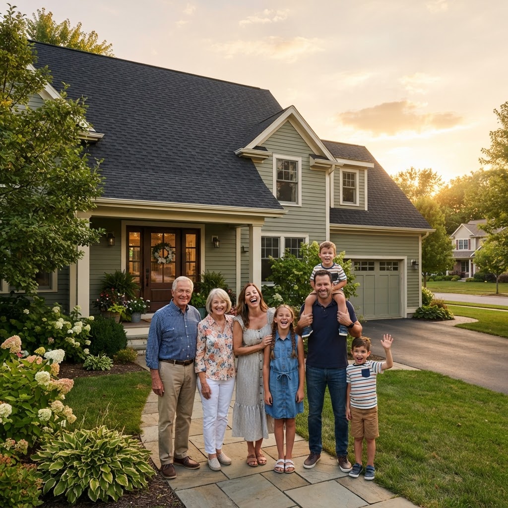 Happy family in front of their home with a new roof