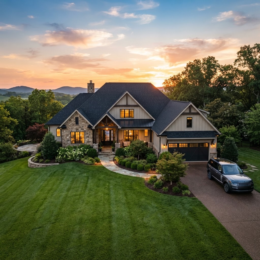 Home with a new charcoal architectural shingle roof at sunset
