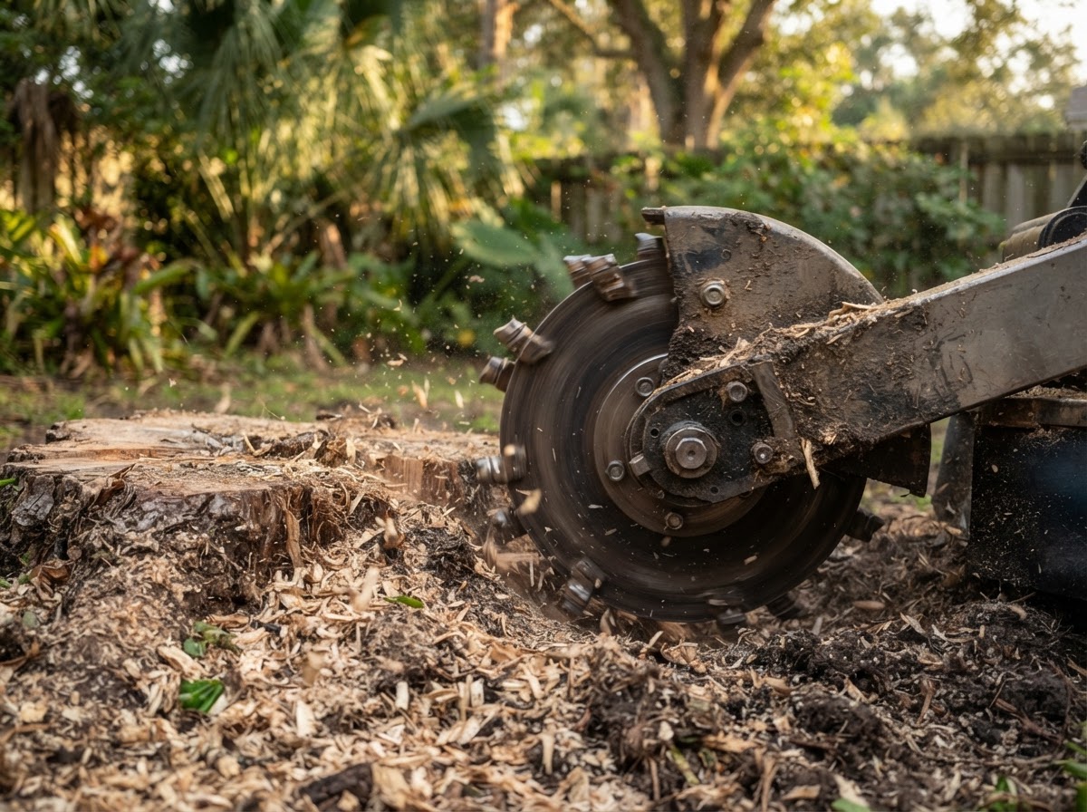AI-generated illustration of a stump grinder cutting wheel and fresh wood chips