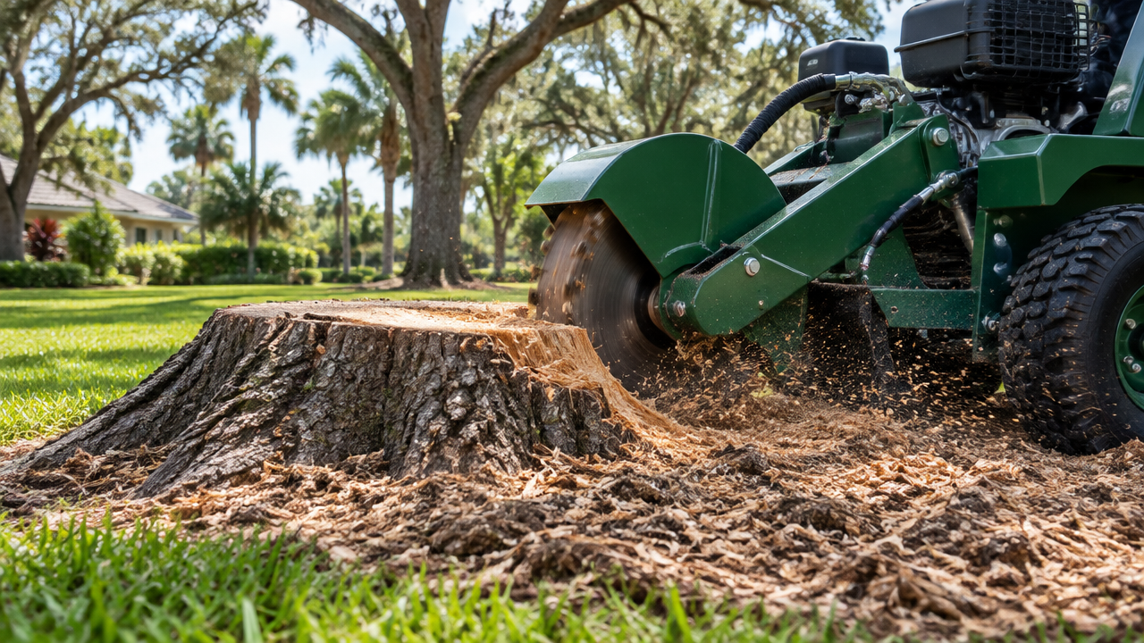AI-generated illustration of stump grinding equipment working on an oak stump in a Florida yard