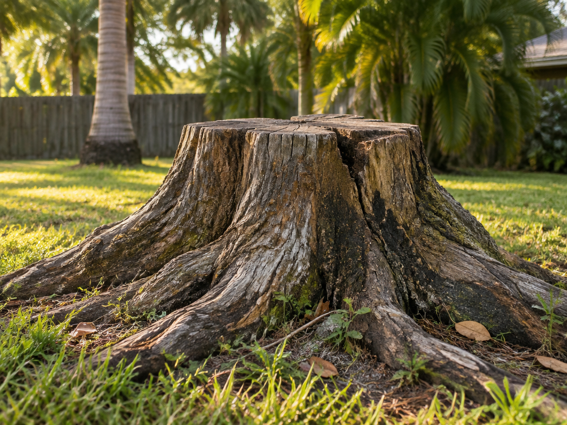 AI-generated illustration of a wide oak stump and root flare in a Florida yard