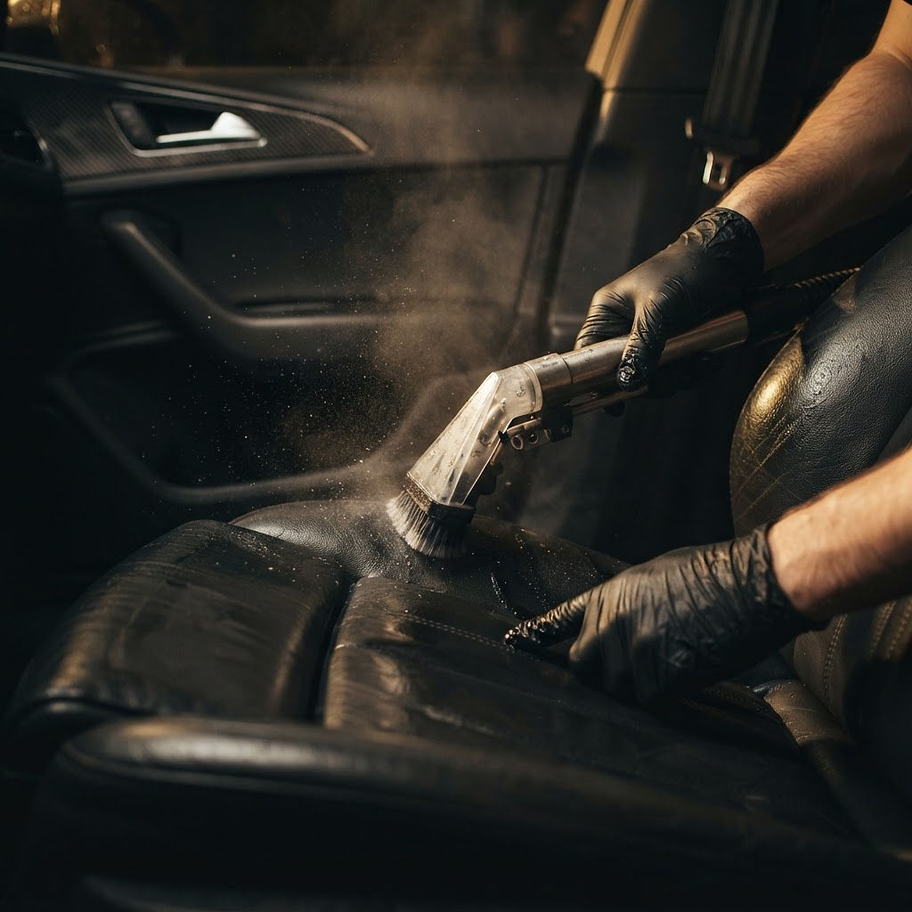 A detailer extracting a leather car seat by hand