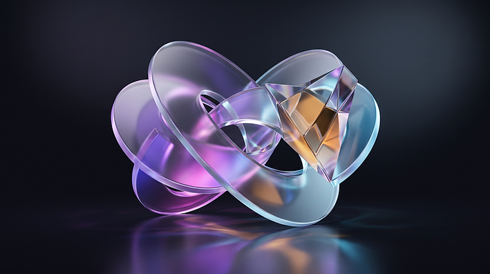 A looping glass ribbon rising around a faceted, glowing prism, refracting magenta, amber and cyan light