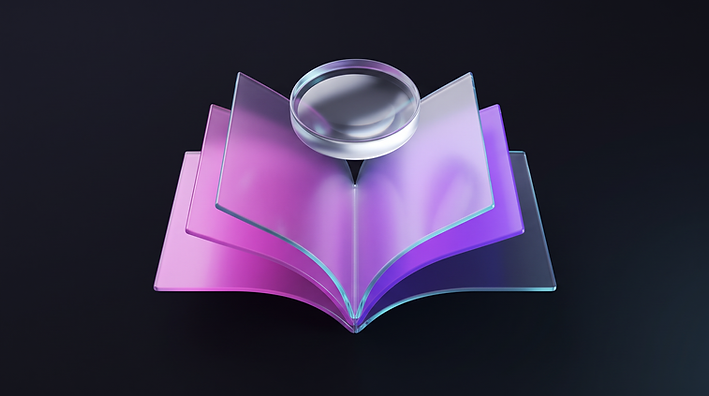Layered translucent glass pages fanned open beneath a glowing magnifying lens