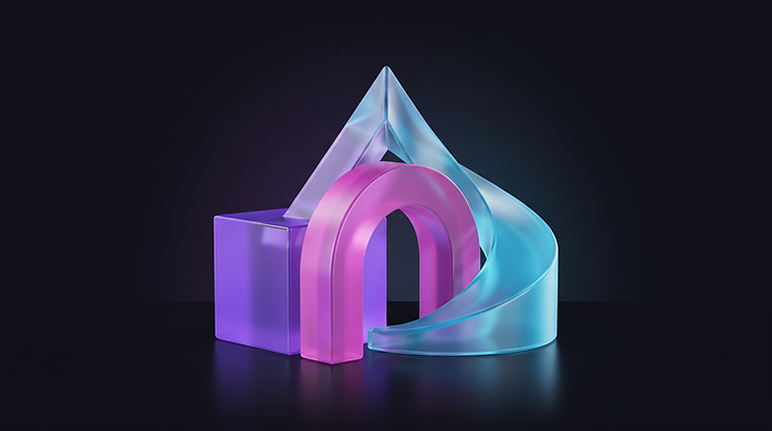 A violet cube, magenta arch and cyan spiral meshing and rising toward one point
