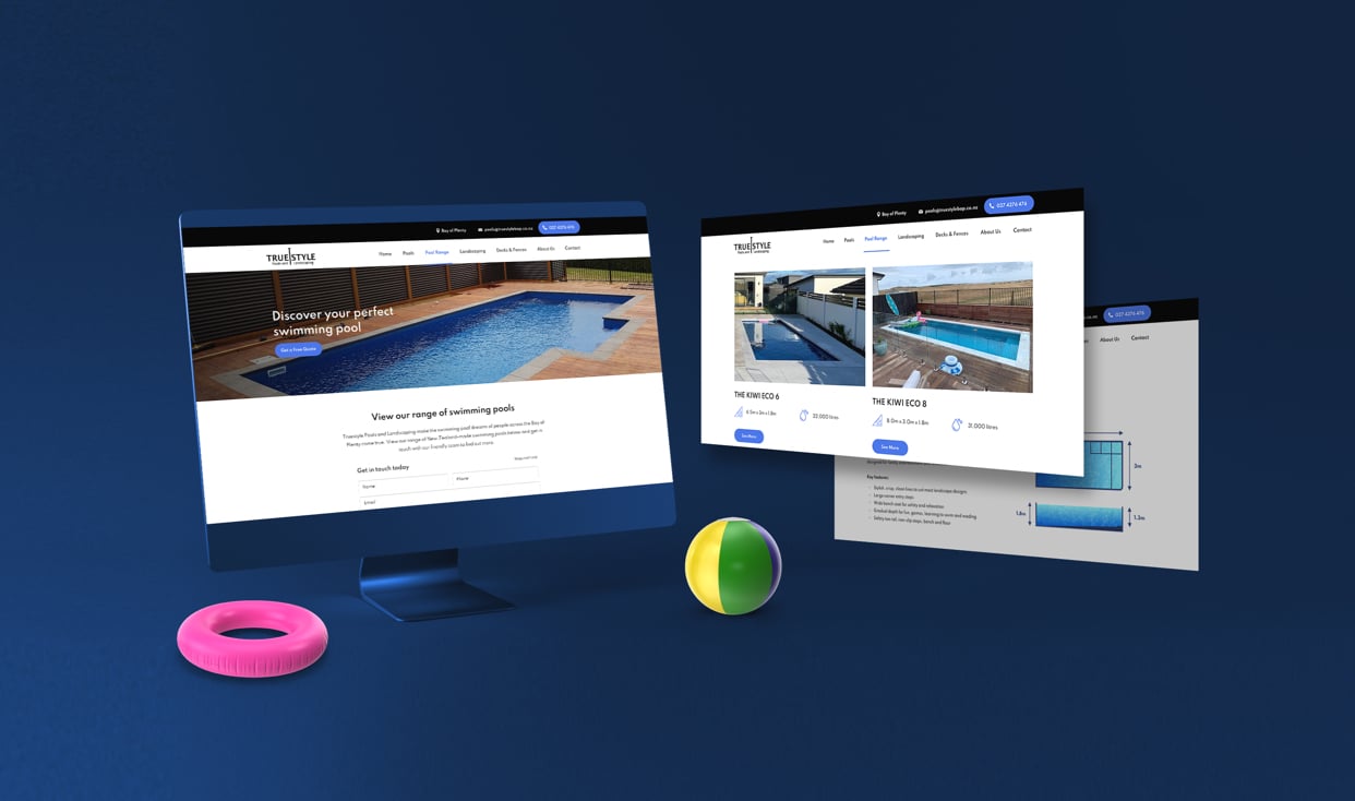 Three views of the TruStyle Pools and Landscaping website shown together.