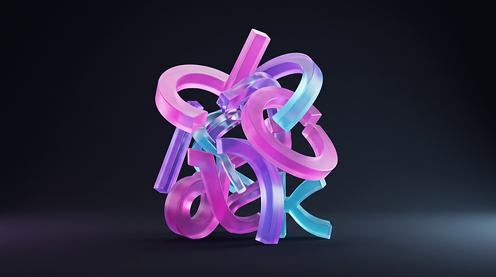 Twisted abstract glyph-like glass bars colliding at odd angles above a dark void
