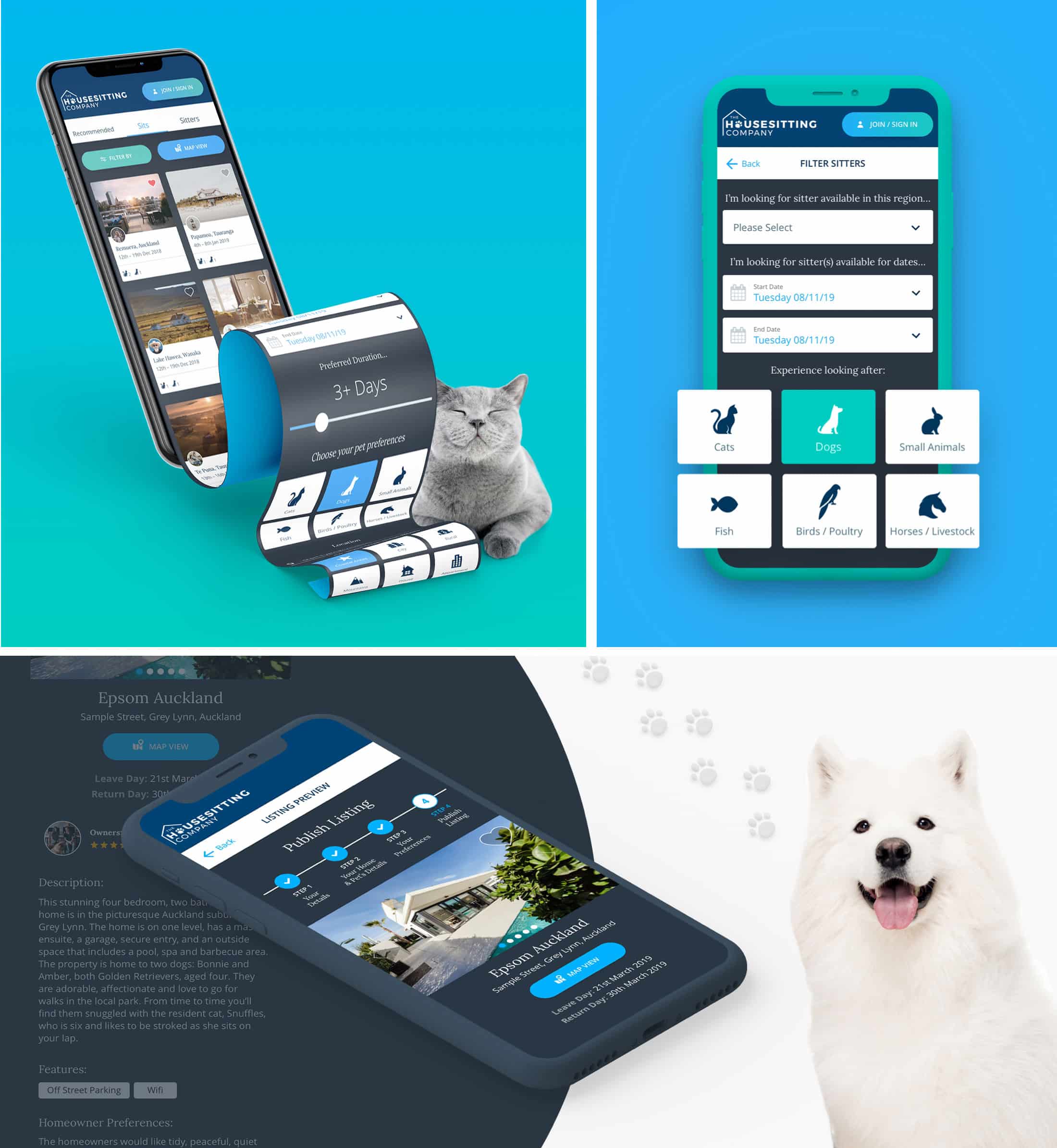 Screens from the mobile app developed for The Housesitting Company.