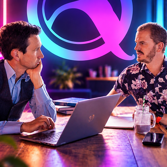 Two people working together at a wooden table in a dimly lit studio, a glowing magenta and cyan Quentosity Q behind them